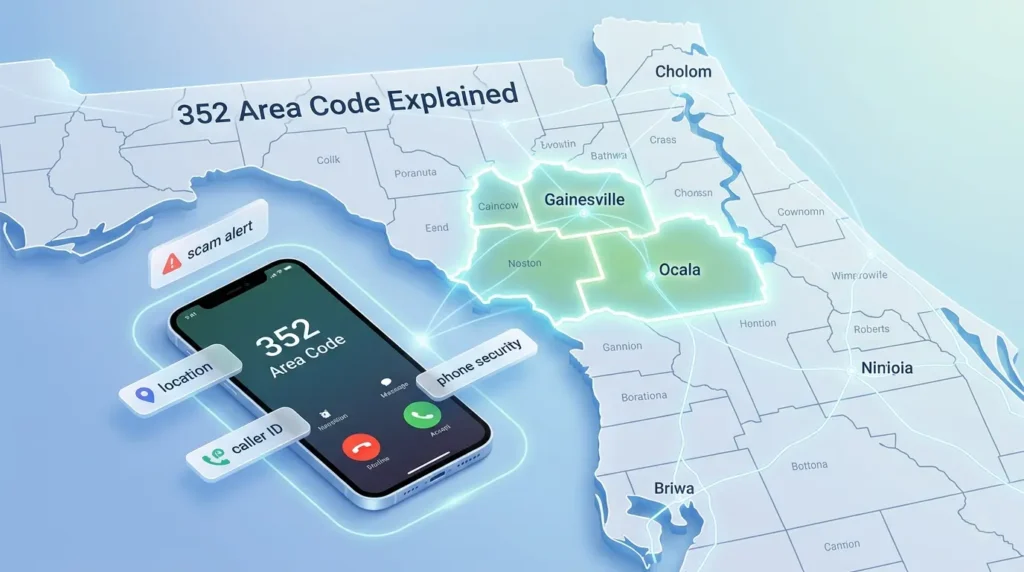 352 area code Florida map infographic featuring Gainesville and Ocala with a smartphone showing a 352 caller ID, digital network lines, and scam alert security icons for an informative blog guide.