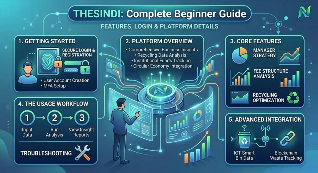 Thesindi complete beginner guide infographic featuring smart platform overview, login security, and core analytics features.