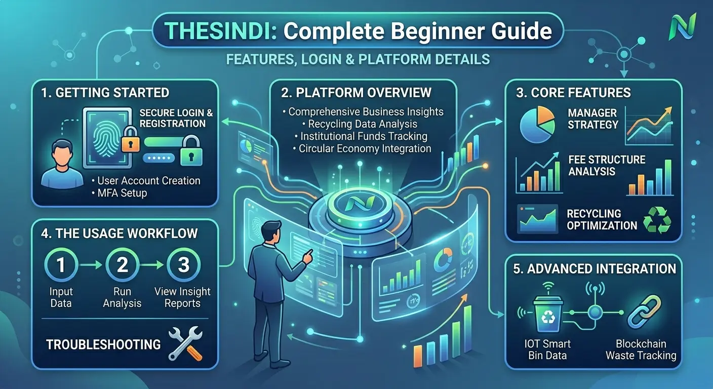 Thesindi complete beginner guide infographic featuring smart platform overview, login security, and core analytics features.