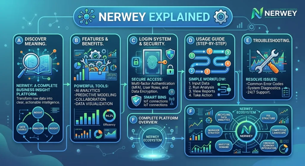 A comprehensive business platform infographic titled "NERWEY EXPLAINED" designed in a clean, modern teal and dark blue tech aesthetic. The graphic is divided into distinct, structured modules connected by flow lines. Section A, "Discover Meaning," features a magnifying glass over an open book and a cyclical data diagram. Section B, "Features & Benefits," shows a digital toolbox with gears and charts highlighting AI analytics and data visualization. Section C, "Login System & Security," depicts a fingerprint scanner icon, shield, and padlock representing multi-factor authentication. Section D, "Usage Guide," displays a numbered, winding step-by-step workflow path. Section E, "Troubleshooting," displays a crossed wrench and screwdriver over a performance graph. Section F offers a "Complete Platform Overview" and a "Nerwey Ecosystem" wheel connecting elements like recycling data analytics, manager strategy, investor demand, and fee structures.