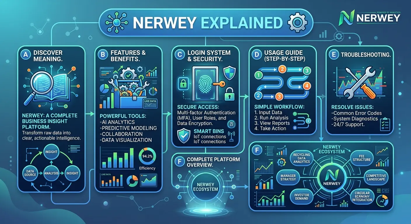A comprehensive business platform infographic titled "NERWEY EXPLAINED" designed in a clean, modern teal and dark blue tech aesthetic. The graphic is divided into distinct, structured modules connected by flow lines. Section A, "Discover Meaning," features a magnifying glass over an open book and a cyclical data diagram. Section B, "Features & Benefits," shows a digital toolbox with gears and charts highlighting AI analytics and data visualization. Section C, "Login System & Security," depicts a fingerprint scanner icon, shield, and padlock representing multi-factor authentication. Section D, "Usage Guide," displays a numbered, winding step-by-step workflow path. Section E, "Troubleshooting," displays a crossed wrench and screwdriver over a performance graph. Section F offers a "Complete Platform Overview" and a "Nerwey Ecosystem" wheel connecting elements like recycling data analytics, manager strategy, investor demand, and fee structures.